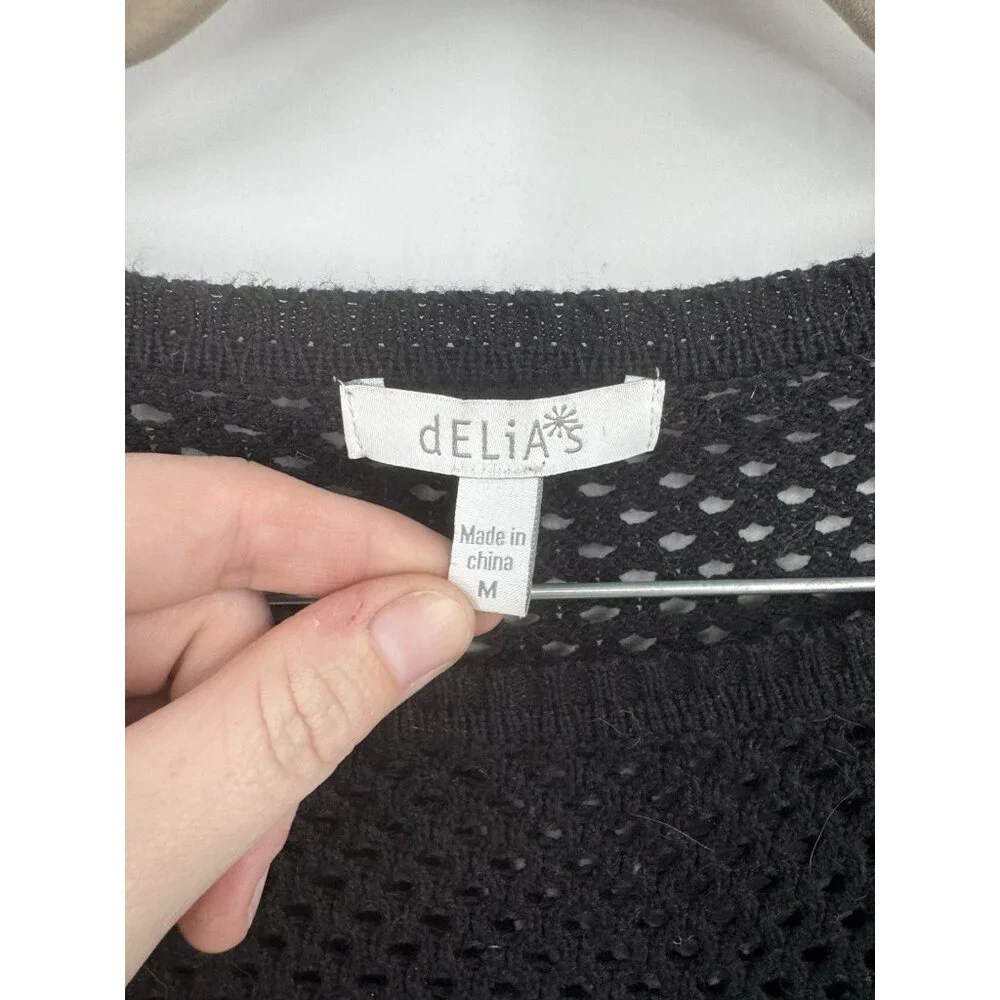 Delia's Rave Witchy Goth Retro Y2K Sheer‎ Knit Crop Top Women M Black Open Knit